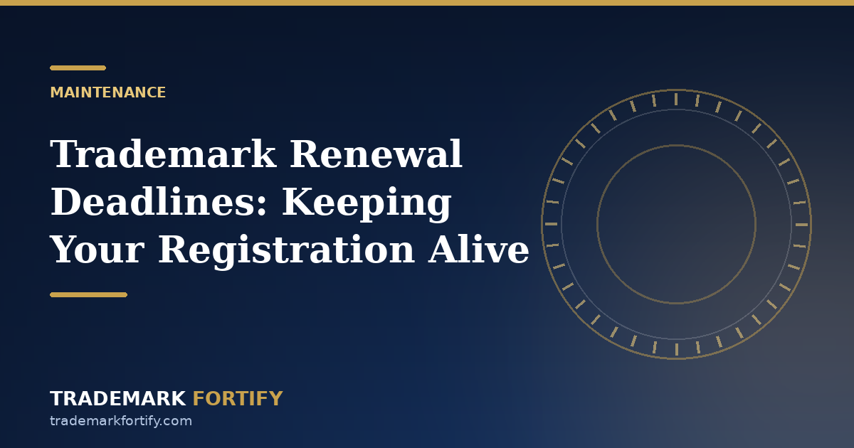 Trademark maintenance timeline showing section 8 declaration section 9 renewal and grace period deadlines