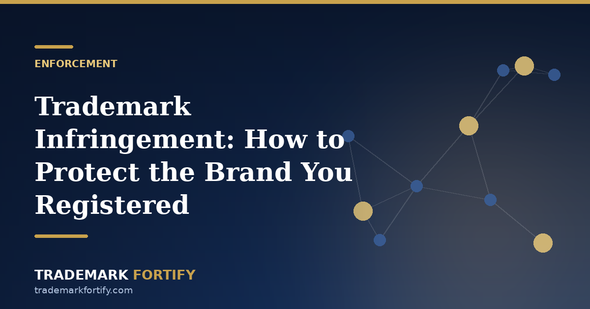 Trademark enforcement process showing monitoring detection assessment and response options